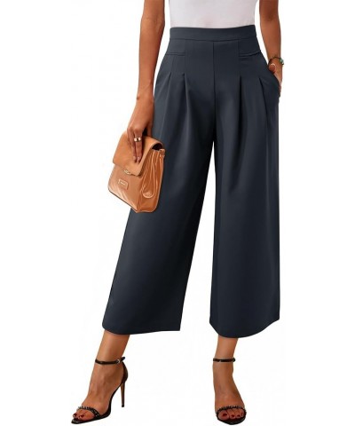 Womens Wide Leg Cropped Suit Pants Work Business Palazzo Summer Pleated Waisted Side Zipper Up Trousers with Pockets Navy Blu...