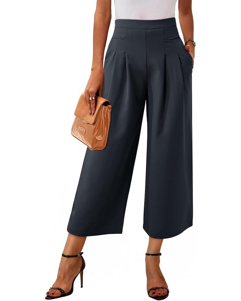 Womens Wide Leg Cropped Suit Pants Work Business Palazzo Summer Pleated Waisted Side Zipper Up Trousers with Pockets Navy Blu...