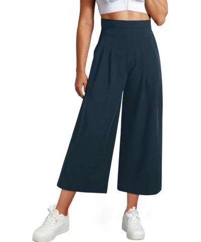 Womens Wide Leg Cropped Suit Pants Work Business Palazzo Summer Pleated Waisted Side Zipper Up Trousers with Pockets Navy Blu...