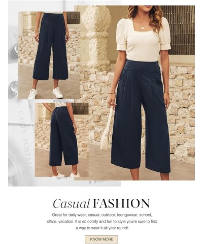 Womens Wide Leg Cropped Suit Pants Work Business Palazzo Summer Pleated Waisted Side Zipper Up Trousers with Pockets Navy Blu...