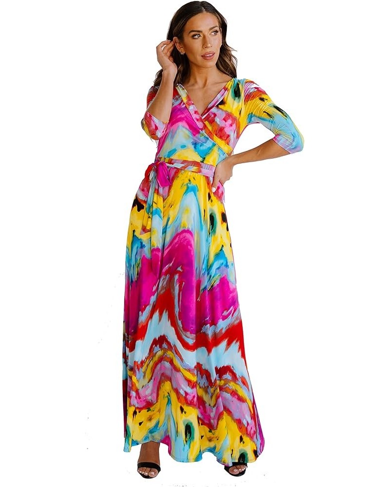 Women's Paris Bohemian V-Neck Printed 3/4 Sleeve Faux Wrap Long Maxi Resort Dress Pink Mosaic $23.18 Dresses