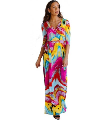 Women's Paris Bohemian V-Neck Printed 3/4 Sleeve Faux Wrap Long Maxi Resort Dress Pink Mosaic $23.18 Dresses