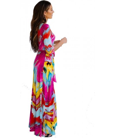 Women's Paris Bohemian V-Neck Printed 3/4 Sleeve Faux Wrap Long Maxi Resort Dress Pink Mosaic $23.18 Dresses