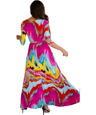 Women's Paris Bohemian V-Neck Printed 3/4 Sleeve Faux Wrap Long Maxi Resort Dress Pink Mosaic $23.18 Dresses