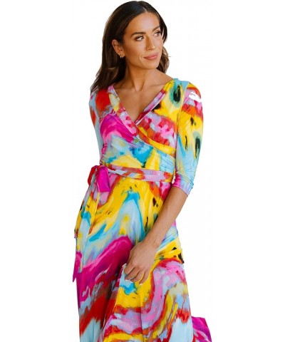 Women's Paris Bohemian V-Neck Printed 3/4 Sleeve Faux Wrap Long Maxi Resort Dress Pink Mosaic $23.18 Dresses