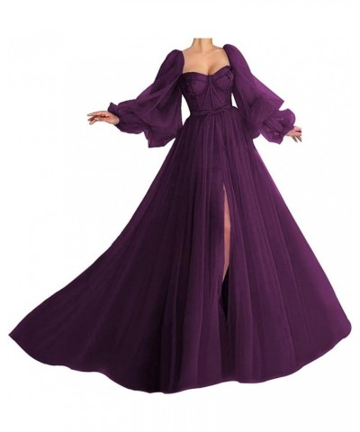 Puffy Sleeve Prom Dress for Women Long Sweetheart Tulle Ball Gown Split Formal Evening Party Gowns Grape $38.88 Dresses