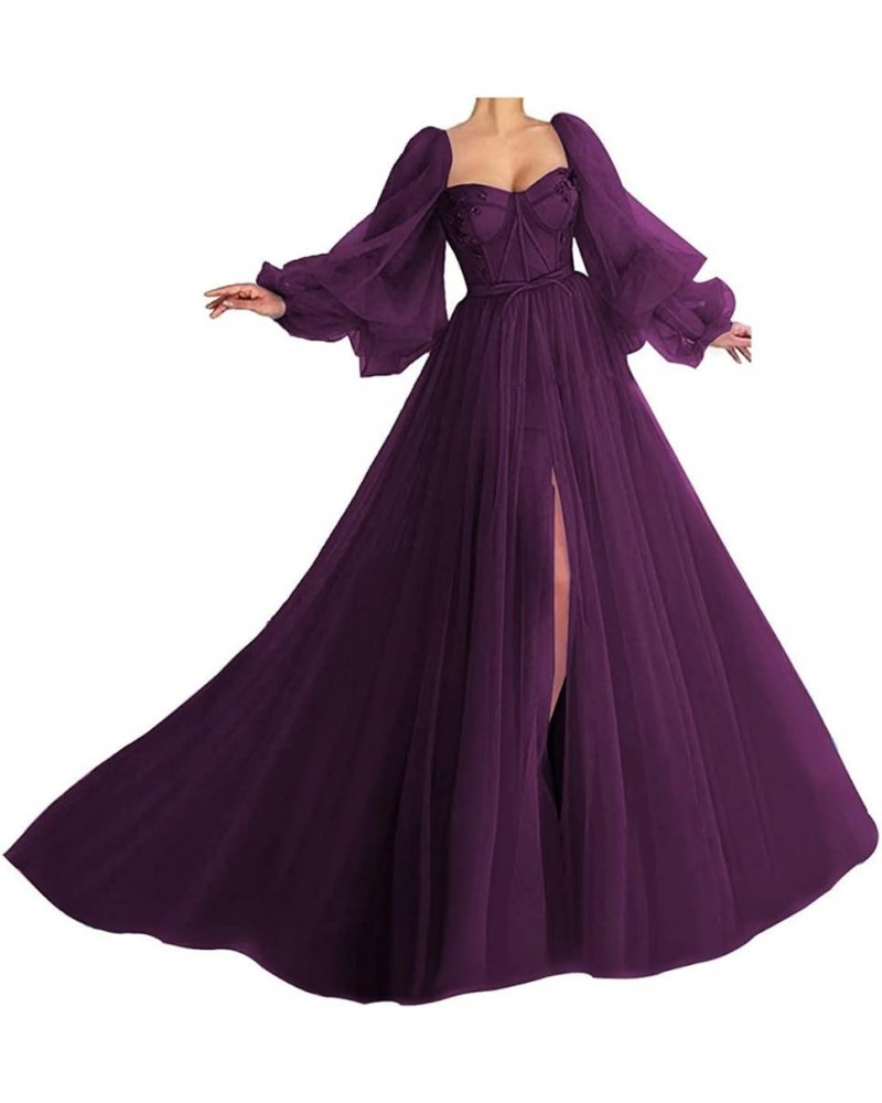 Puffy Sleeve Prom Dress for Women Long Sweetheart Tulle Ball Gown Split Formal Evening Party Gowns Grape $38.88 Dresses