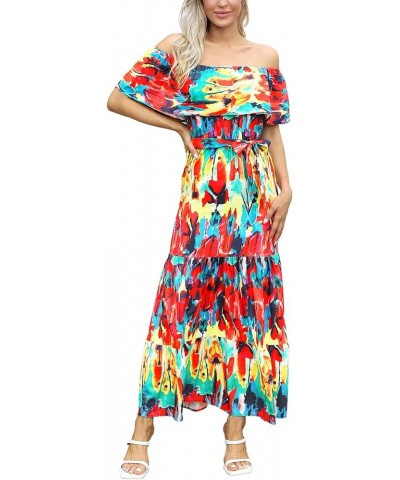 Women's Mexican Dress Summer Floral Print Off The Shoulder Sleeveless Beach Long Maxi Dress Colorful $15.90 Dresses