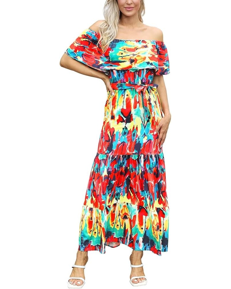 Women's Mexican Dress Summer Floral Print Off The Shoulder Sleeveless Beach Long Maxi Dress Colorful $15.90 Dresses