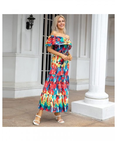 Women's Mexican Dress Summer Floral Print Off The Shoulder Sleeveless Beach Long Maxi Dress Colorful $15.90 Dresses