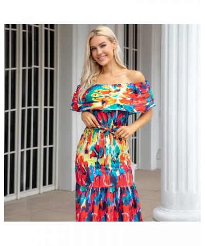 Women's Mexican Dress Summer Floral Print Off The Shoulder Sleeveless Beach Long Maxi Dress Colorful $15.90 Dresses