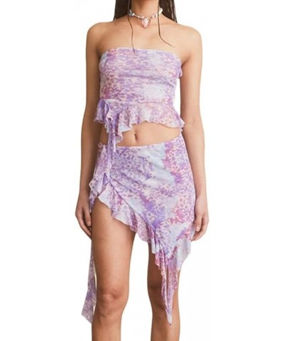 Ruffle Mesh 2 Piece Skirt Sets 3D Floral Fringed Crop Top Low Waist Tie Dye Bodycon Mini Skirt Y2K Trendy Outfits Purple $10....