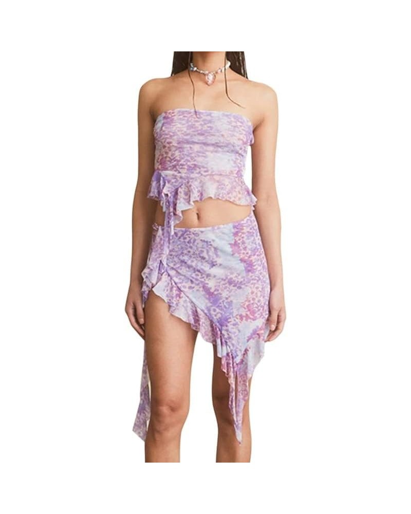 Ruffle Mesh 2 Piece Skirt Sets 3D Floral Fringed Crop Top Low Waist Tie Dye Bodycon Mini Skirt Y2K Trendy Outfits Purple $10....