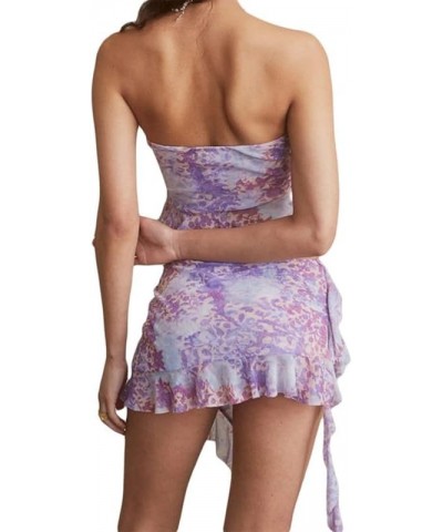 Ruffle Mesh 2 Piece Skirt Sets 3D Floral Fringed Crop Top Low Waist Tie Dye Bodycon Mini Skirt Y2K Trendy Outfits Purple $10....