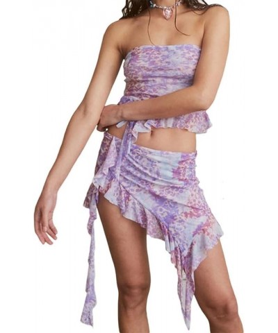 Ruffle Mesh 2 Piece Skirt Sets 3D Floral Fringed Crop Top Low Waist Tie Dye Bodycon Mini Skirt Y2K Trendy Outfits Purple $10....