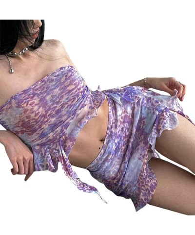 Ruffle Mesh 2 Piece Skirt Sets 3D Floral Fringed Crop Top Low Waist Tie Dye Bodycon Mini Skirt Y2K Trendy Outfits Purple $10....