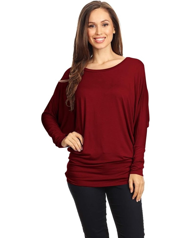 Women's Flowy Comfort Draped Long Sleeve Batwing Doolman Top S-3XL Plus Size Hte00136 Burgundy $8.38 Tops