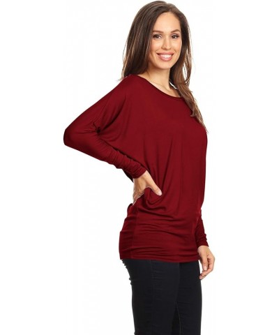 Women's Flowy Comfort Draped Long Sleeve Batwing Doolman Top S-3XL Plus Size Hte00136 Burgundy $8.38 Tops