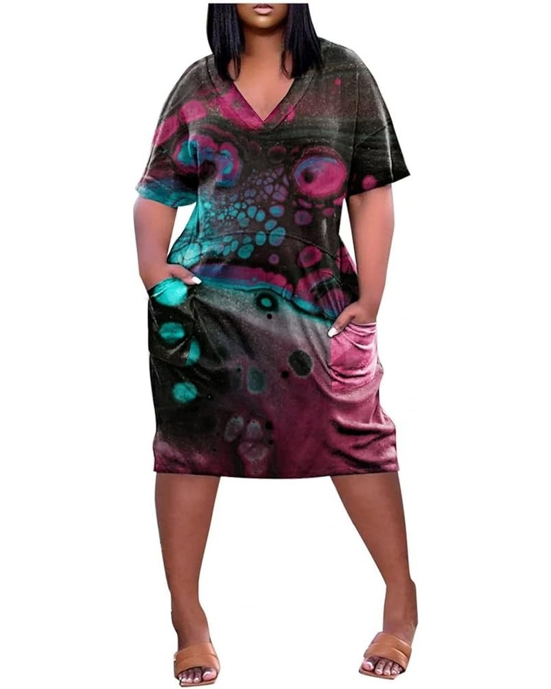 Womens Spring Fashion 2023 Dresses, Women's Summer Plus Size V-Neck Short Sleeve Knee Pocket Printed Casual Dress 2-black $14...