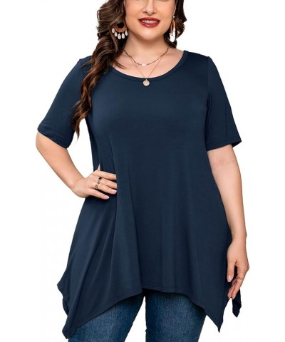 Plus Size Women's Tunic 3/4 Sleeve Clothes Swing Babydoll Top Side Split Crewneck Blouse Flowy Shirts M-5X D05-navy Blue Shor...