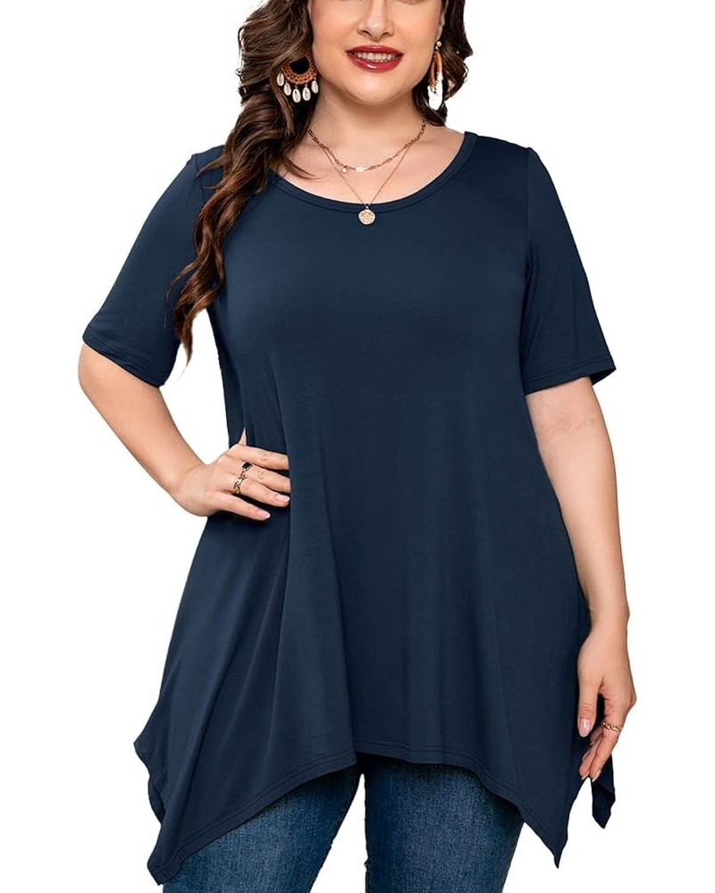 Plus Size Women's Tunic 3/4 Sleeve Clothes Swing Babydoll Top Side Split Crewneck Blouse Flowy Shirts M-5X D05-navy Blue Shor...