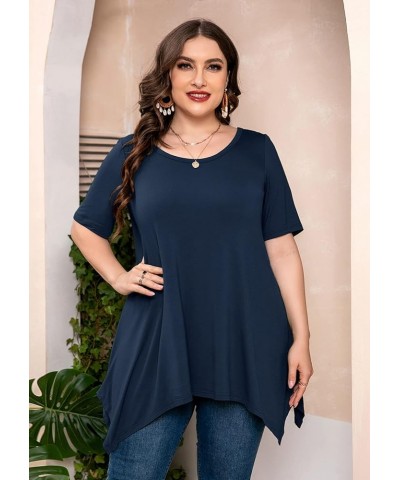 Plus Size Women's Tunic 3/4 Sleeve Clothes Swing Babydoll Top Side Split Crewneck Blouse Flowy Shirts M-5X D05-navy Blue Shor...