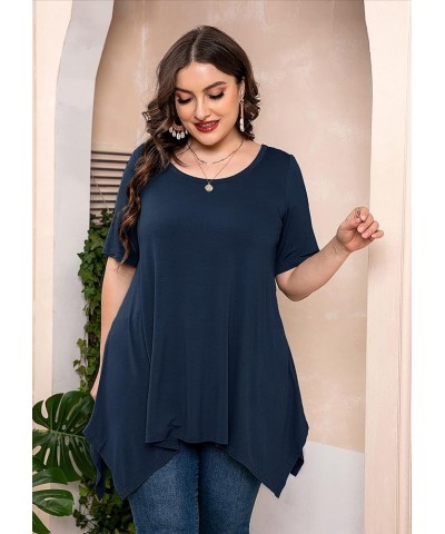 Plus Size Women's Tunic 3/4 Sleeve Clothes Swing Babydoll Top Side Split Crewneck Blouse Flowy Shirts M-5X D05-navy Blue Shor...