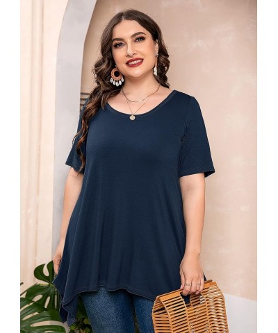 Plus Size Women's Tunic 3/4 Sleeve Clothes Swing Babydoll Top Side Split Crewneck Blouse Flowy Shirts M-5X D05-navy Blue Shor...