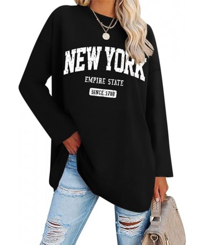 Women Graphic Long Sleeve T Shirts Oversized Letter Print Tees Casual Crewneck Tunic Tops New York Black $13.74 Tops