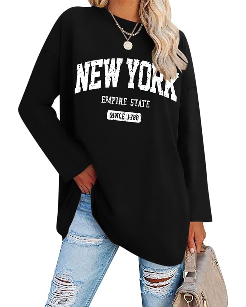 Women Graphic Long Sleeve T Shirts Oversized Letter Print Tees Casual Crewneck Tunic Tops New York Black $13.74 Tops