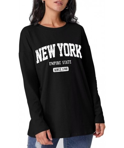 Women Graphic Long Sleeve T Shirts Oversized Letter Print Tees Casual Crewneck Tunic Tops New York Black $13.74 Tops