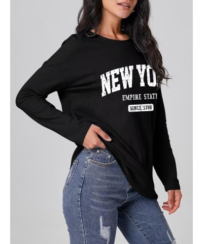 Women Graphic Long Sleeve T Shirts Oversized Letter Print Tees Casual Crewneck Tunic Tops New York Black $13.74 Tops