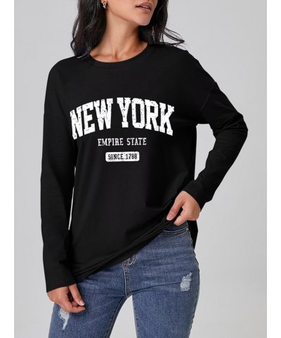 Women Graphic Long Sleeve T Shirts Oversized Letter Print Tees Casual Crewneck Tunic Tops New York Black $13.74 Tops