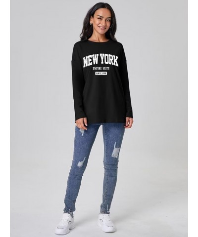 Women Graphic Long Sleeve T Shirts Oversized Letter Print Tees Casual Crewneck Tunic Tops New York Black $13.74 Tops