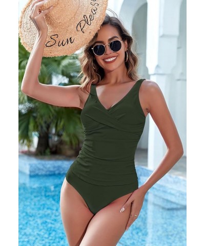 Two Piece Tankini Bathing Suit for Women's Ruched Tummy Control Swimsuit Sets with Bikini Bottom Army Green $14.19 Swimsuits