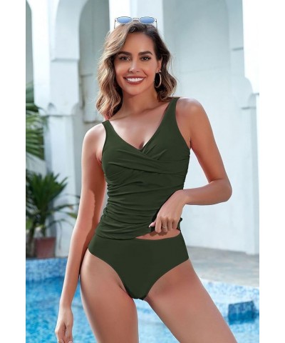 Two Piece Tankini Bathing Suit for Women's Ruched Tummy Control Swimsuit Sets with Bikini Bottom Army Green $14.19 Swimsuits