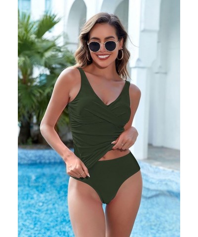 Two Piece Tankini Bathing Suit for Women's Ruched Tummy Control Swimsuit Sets with Bikini Bottom Army Green $14.19 Swimsuits