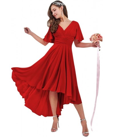 Women's High Low Bridesmaid Dresses with Sleeves for Wedding V Neck Chiffon Formal Evening Gown with Pockets Red $27.49 Dresses