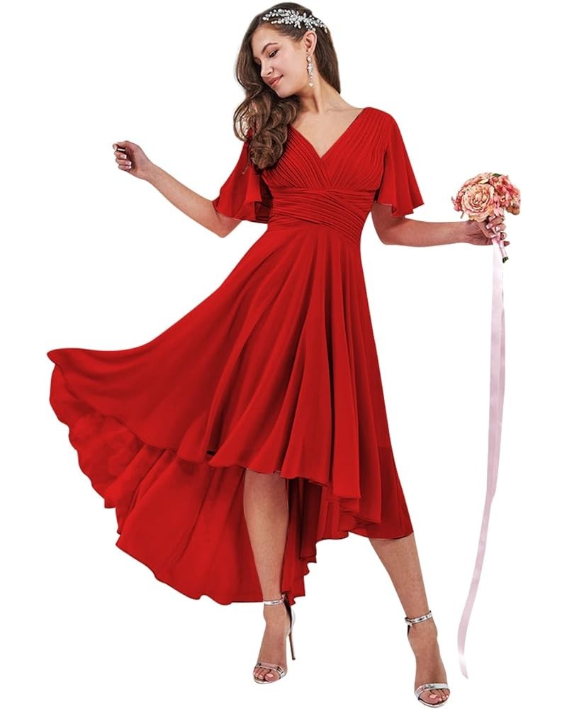 Women's High Low Bridesmaid Dresses with Sleeves for Wedding V Neck Chiffon Formal Evening Gown with Pockets Red $27.49 Dresses