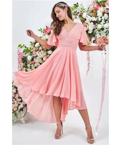 Women's High Low Bridesmaid Dresses with Sleeves for Wedding V Neck Chiffon Formal Evening Gown with Pockets Red $27.49 Dresses