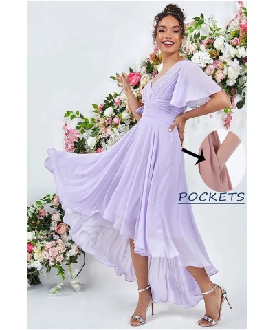 Women's High Low Bridesmaid Dresses with Sleeves for Wedding V Neck Chiffon Formal Evening Gown with Pockets Red $27.49 Dresses