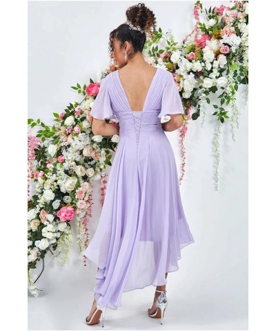 Women's High Low Bridesmaid Dresses with Sleeves for Wedding V Neck Chiffon Formal Evening Gown with Pockets Red $27.49 Dresses