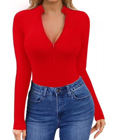 Womens Long Sleeve Short Sleeve Tops Mock Neck Deep V Zipper Front Ribbed Knit Tight Sexy Casual Tees T-Shirts C Red $13.25 T...