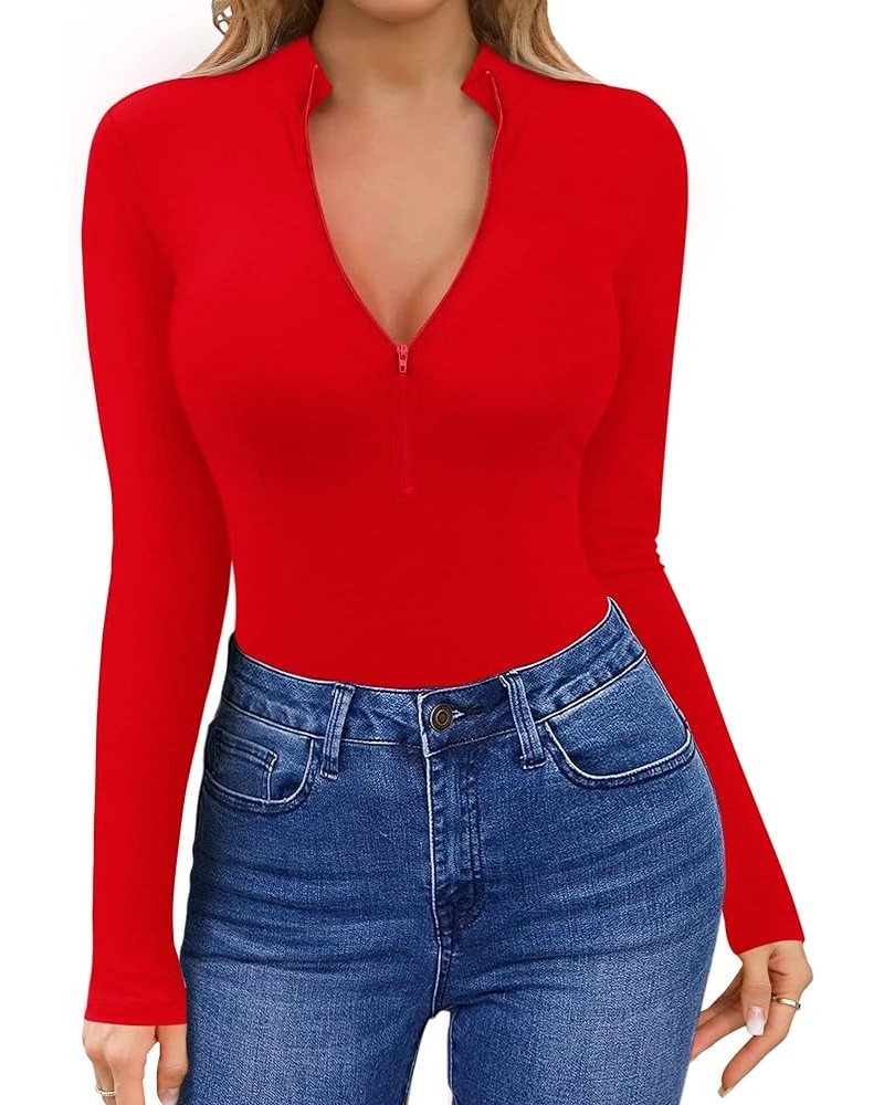 Womens Long Sleeve Short Sleeve Tops Mock Neck Deep V Zipper Front Ribbed Knit Tight Sexy Casual Tees T-Shirts C Red $13.25 T...