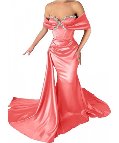 Off Shoulder Mermaid Prom Dresses for Women Sweetheart Satin Evening Gown Maxi Bodycon Party Dress Coral $43.99 Dresses