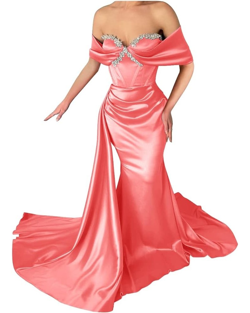 Off Shoulder Mermaid Prom Dresses for Women Sweetheart Satin Evening Gown Maxi Bodycon Party Dress Coral $43.99 Dresses