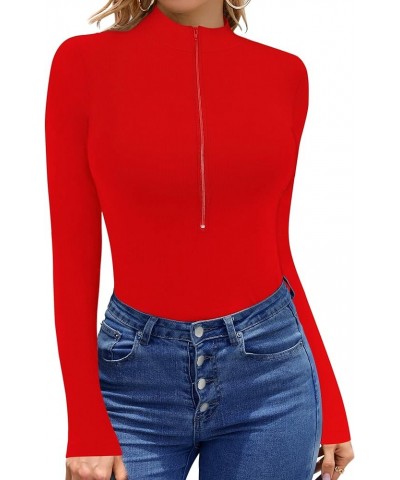 Womens Long Sleeve Short Sleeve Tops Mock Neck Deep V Zipper Front Ribbed Knit Tight Sexy Casual Tees T-Shirts C Red $13.25 T...