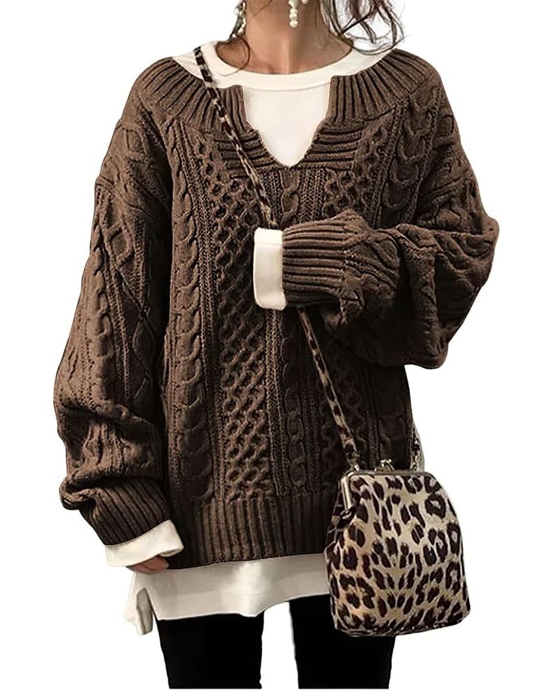 Womens V Neck Casual Long Sleeve Cable Knit Sweater Loose Fall Winter Sweaters for Women 2023 Khaki $20.89 Others