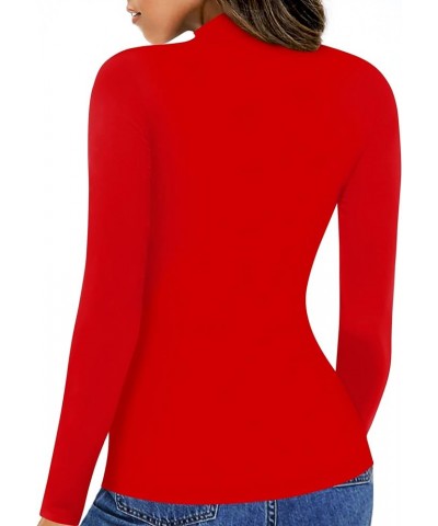 Womens Long Sleeve Short Sleeve Tops Mock Neck Deep V Zipper Front Ribbed Knit Tight Sexy Casual Tees T-Shirts C Red $13.25 T...