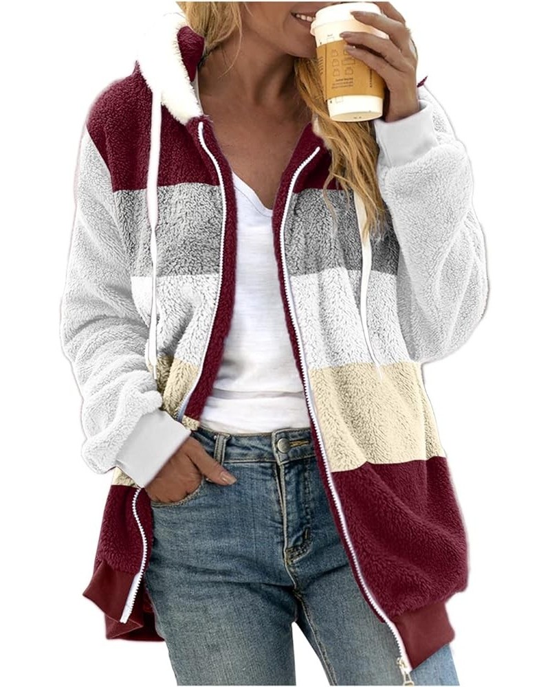 Women Zip Up Hoodies Fuzzy Fleece Jackets Warm Fall Clothes Shaggy Faux Fur Sherpa Sweatshirt Coats Outwear 2758-apinfx-wine-...